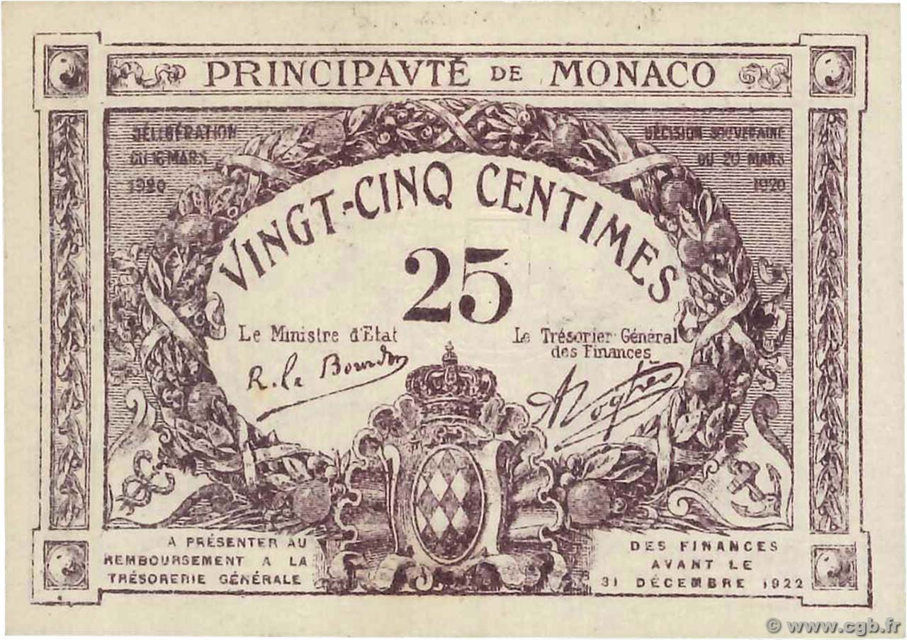 25 Centimes MONACO  1920 P.02b pr.NEUF