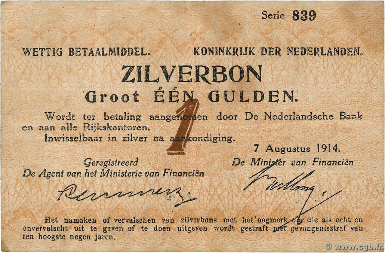 1 Gulden NIEDERLANDE  1914 P.004a SS