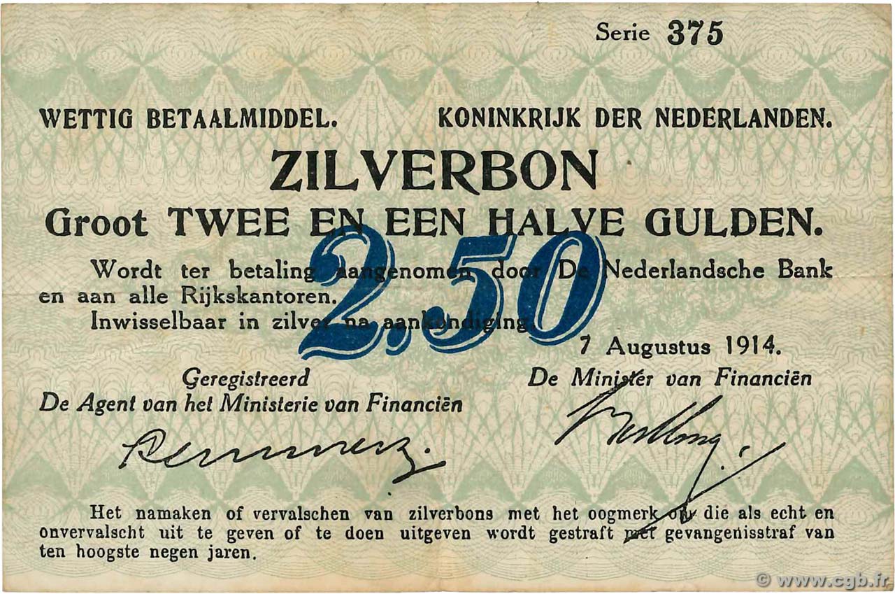 2,5 Gulden PAESI BASSI  1914 P.005a BB