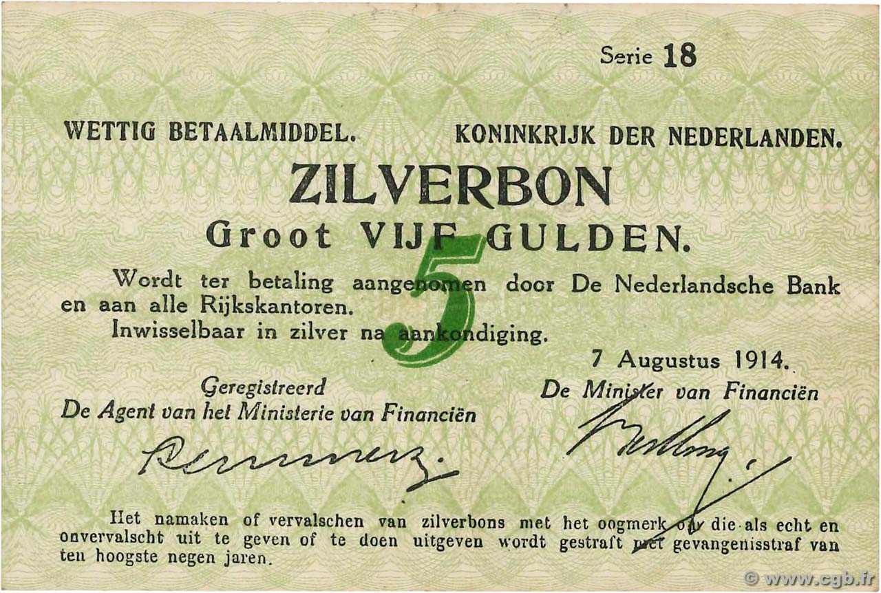 5 Gulden PAESI BASSI  1914 P.006a q.SPL