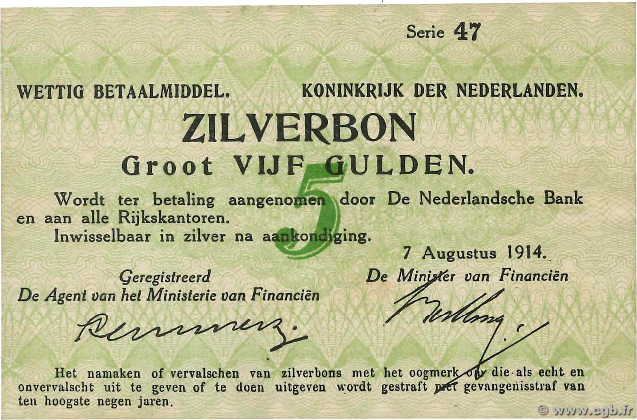 5 Gulden NETHERLANDS  1914 P.006a XF