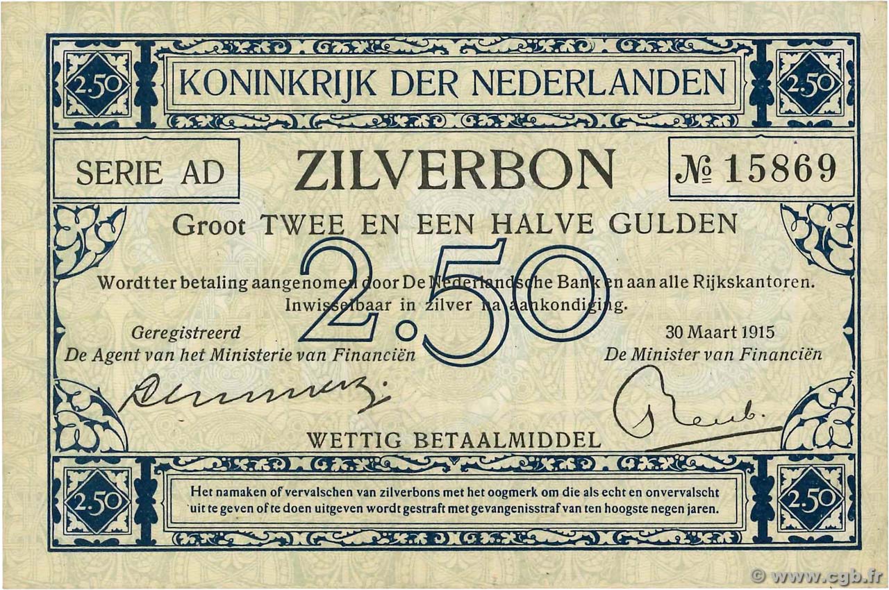 2,5 Gulden NETHERLANDS  1915 P.007 XF