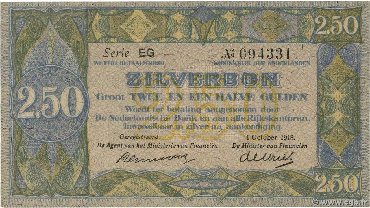 2,5 Gulden NETHERLANDS  1918 P.014 AU