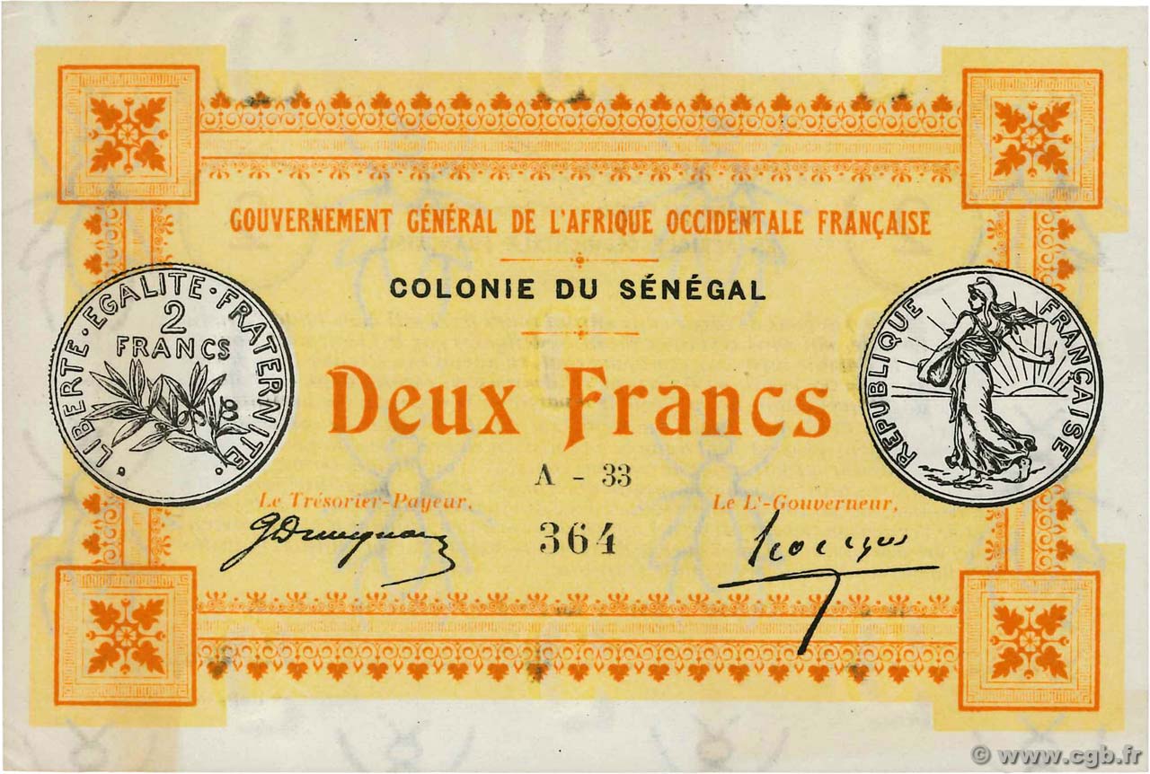 2 Francs SÉNÉGAL  1917 P.03b SPL