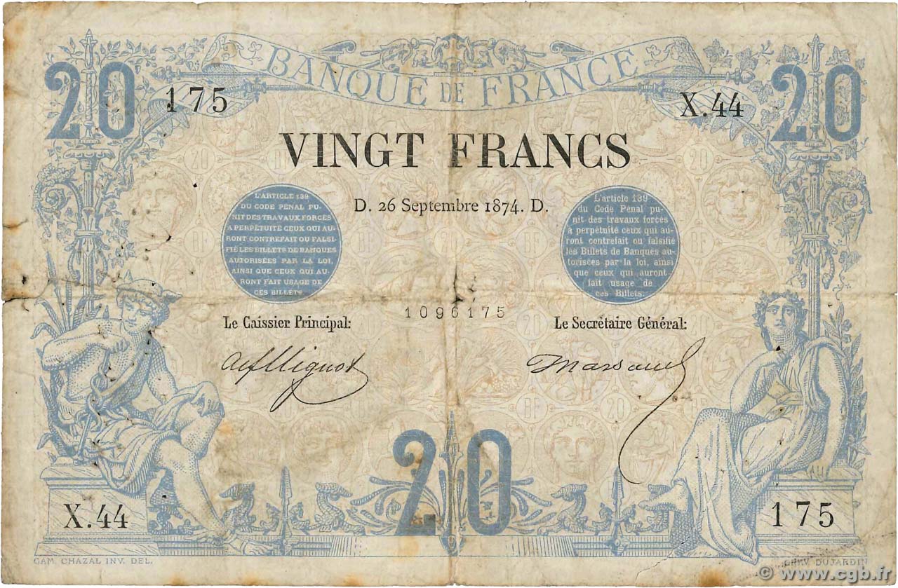 20 Francs NOIR FRANKREICH  1874 F.09.01 SGE