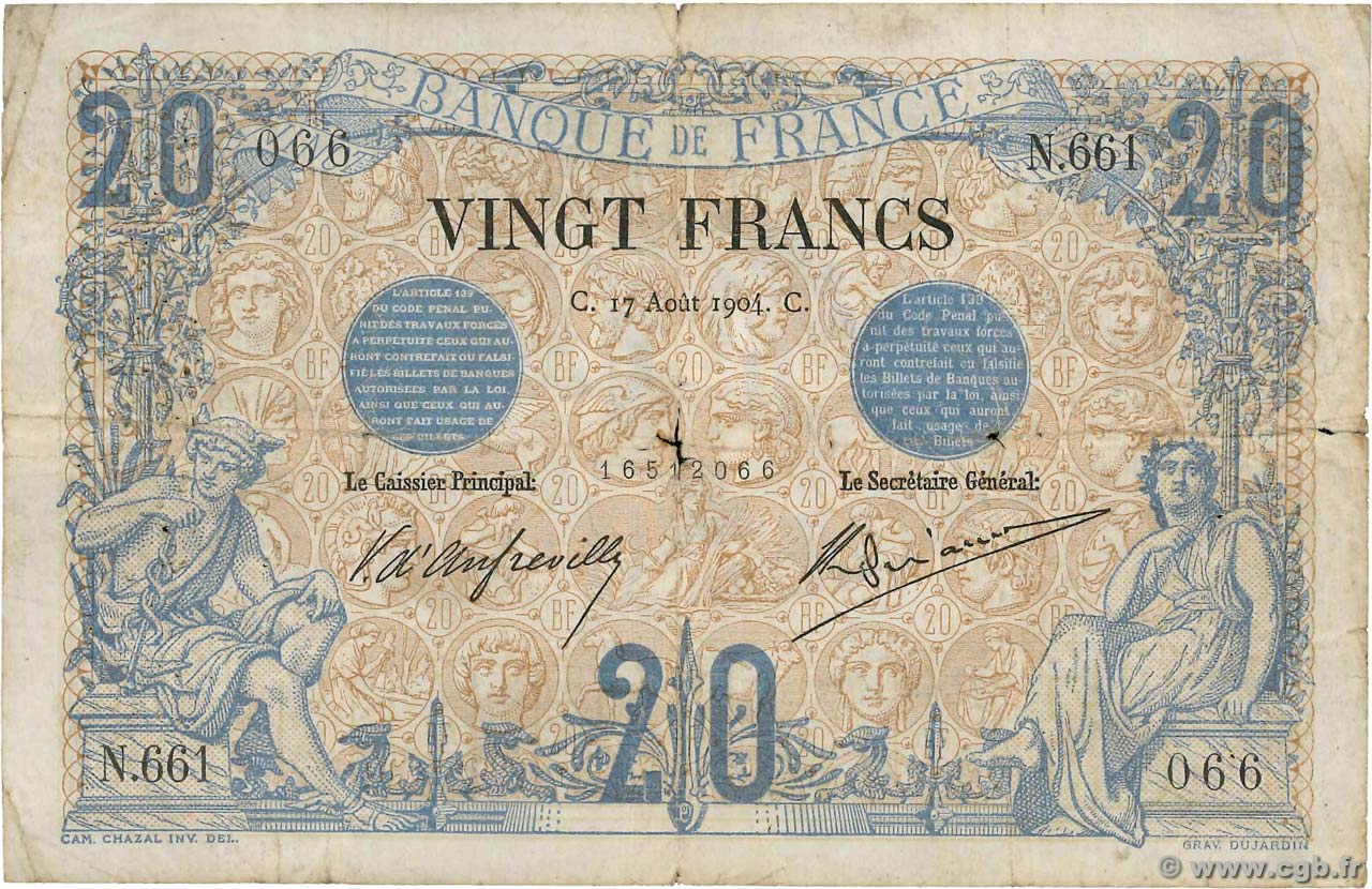 20 Francs NOIR FRANCE  1904 F.09.03 B+