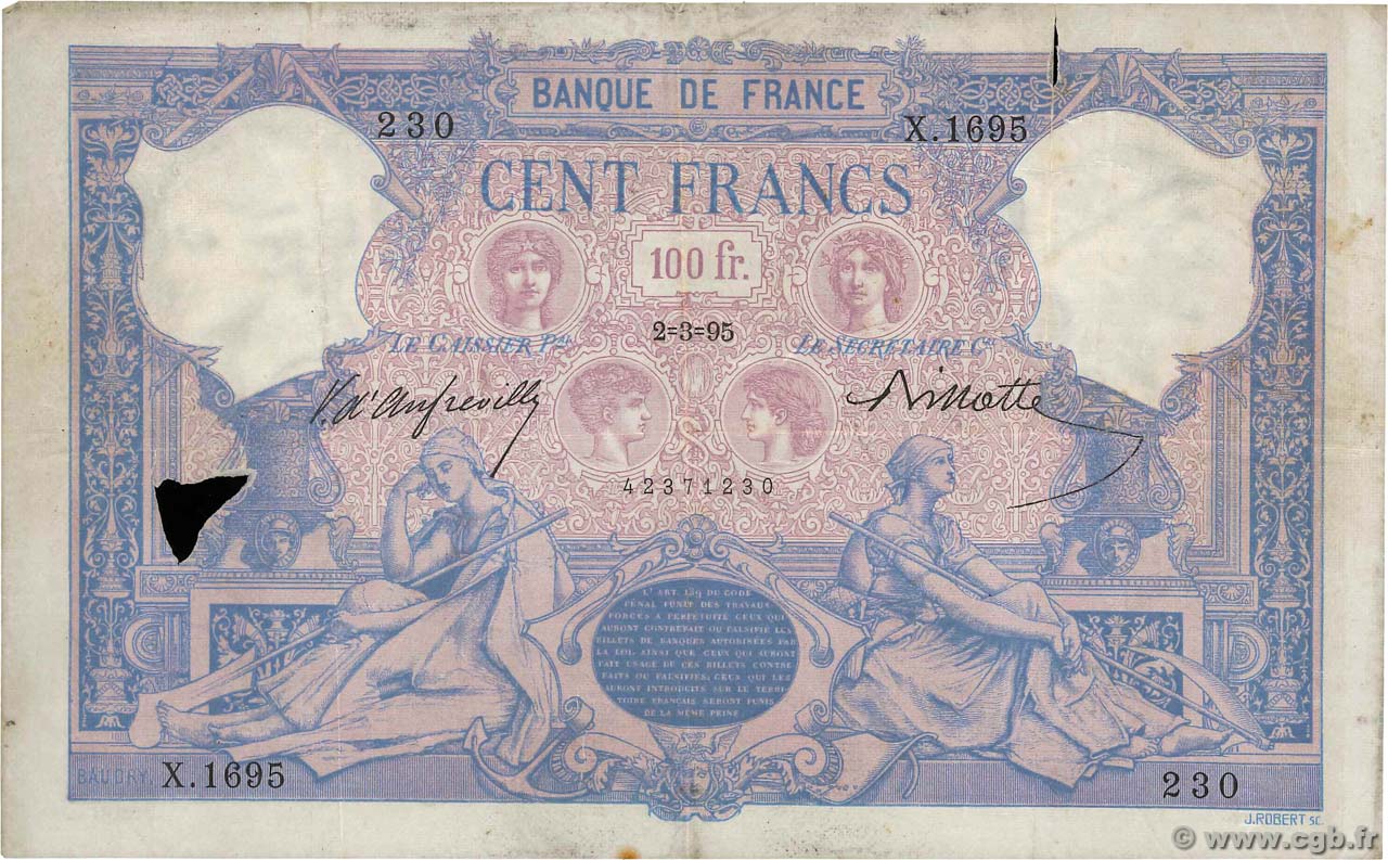 100 Francs BLEU ET ROSE FRANKREICH  1895 F.21.08 SGE