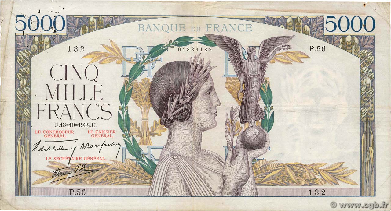 5000 Francs VICTOIRE modifié, taille douce FRANCIA  1938 F.45.01 BC