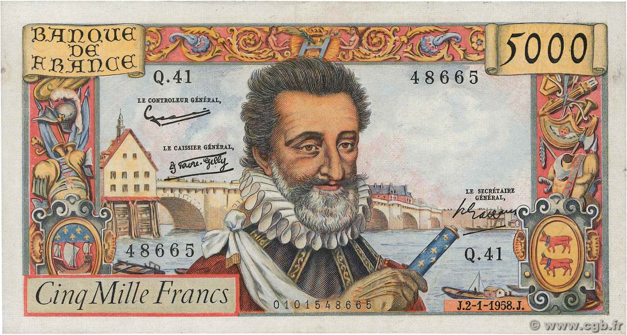 5000 Francs HENRI IV FRANCE  1958 F.49.05 VF+