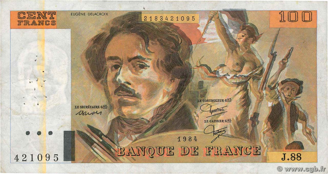 100 Francs DELACROIX modifié Fauté FRANCE  1984 F.69.08b TB+