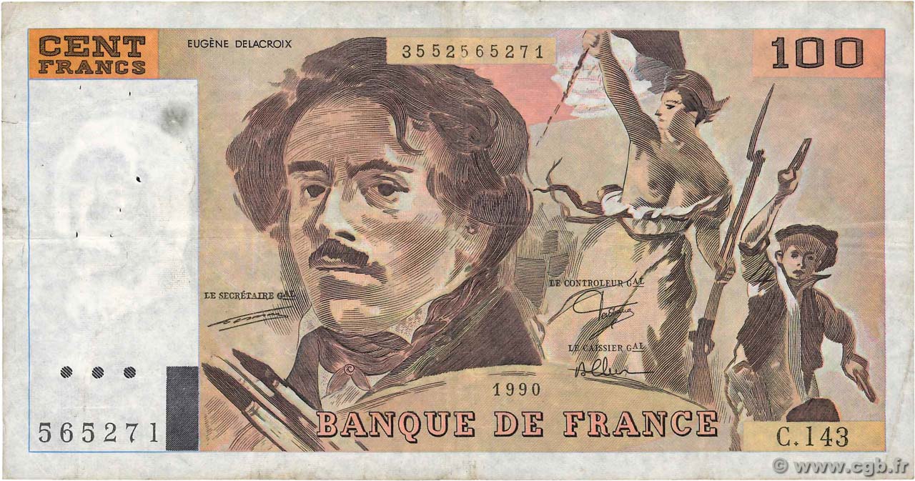100 Francs DELACROIX imprimé en continu FRANCE  1990 F.69bis.01bC TB