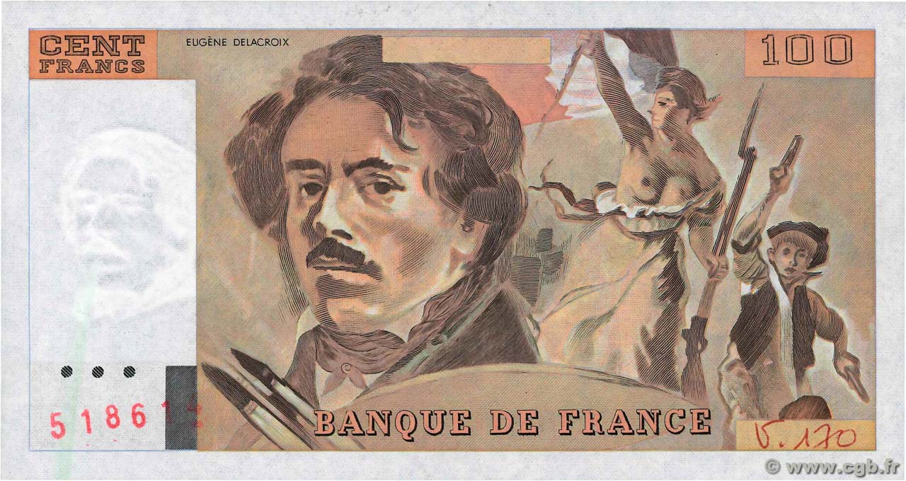 100 Francs DELACROIX imprimé en continu Fauté FRANCIA  1991 F.69bis.03a1a FDC