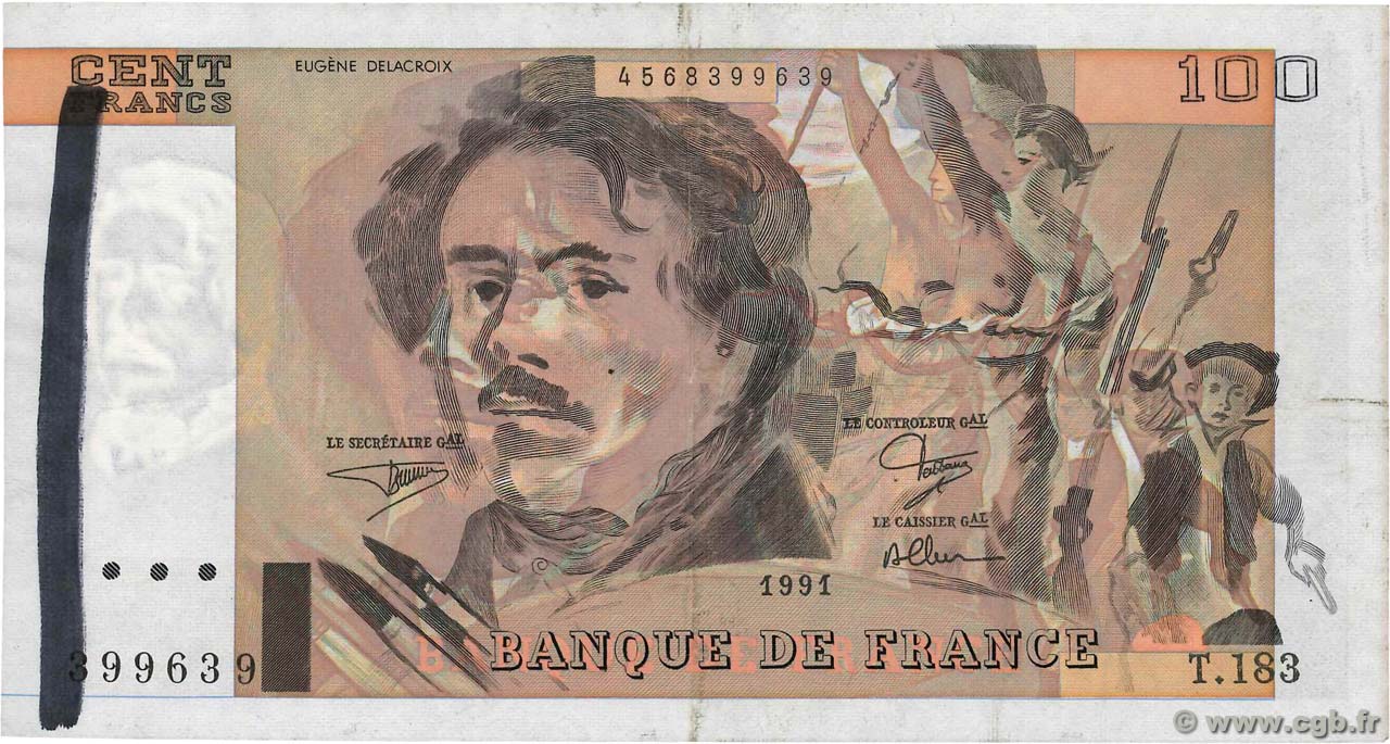 100 Francs DELACROIX imprimé en continu Fauté FRANCIA  1991 F.69bis.03b2 MBC
