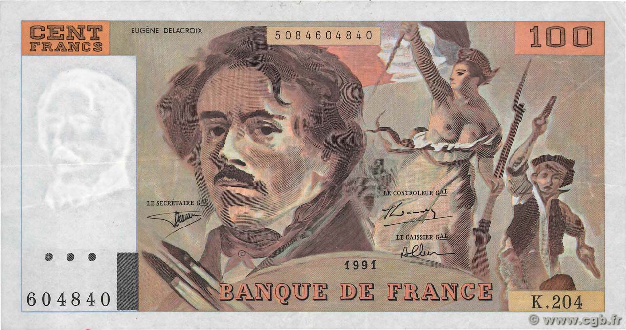 100 Francs DELACROIX imprimé en continu FRANKREICH  1991 F.69bis.04b SS