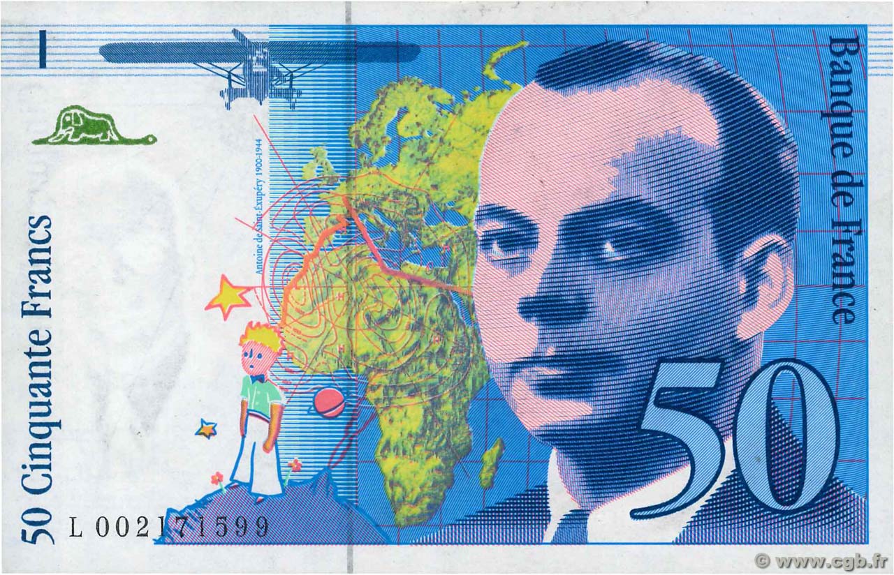 50 Francs SAINT-EXUPÉRY Sans STRAP Fauté FRANCIA  1992 F.72f4.01 EBC+