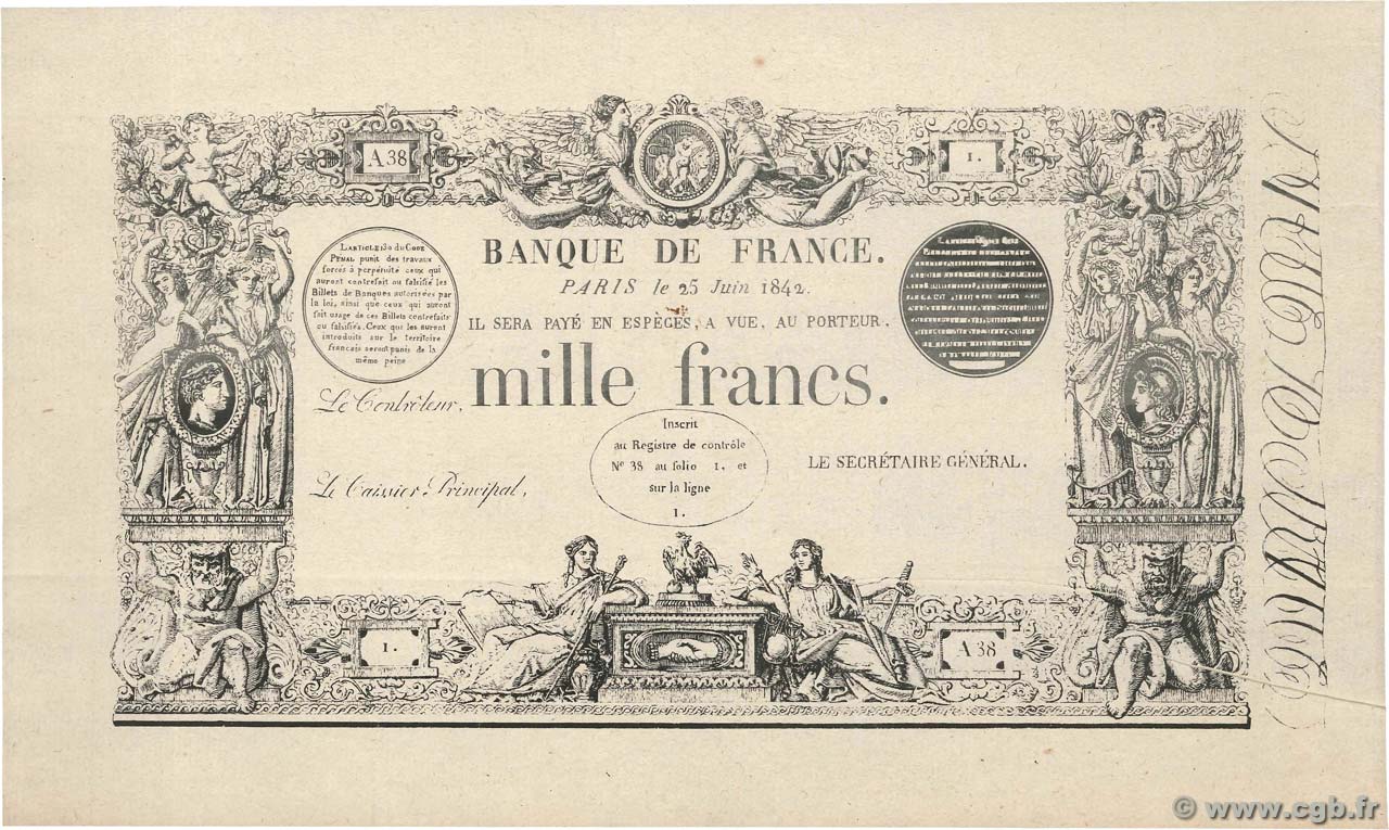 1000 Francs type 1842 Définitif Faux FRANCIA  1842 F.A18.01 SC