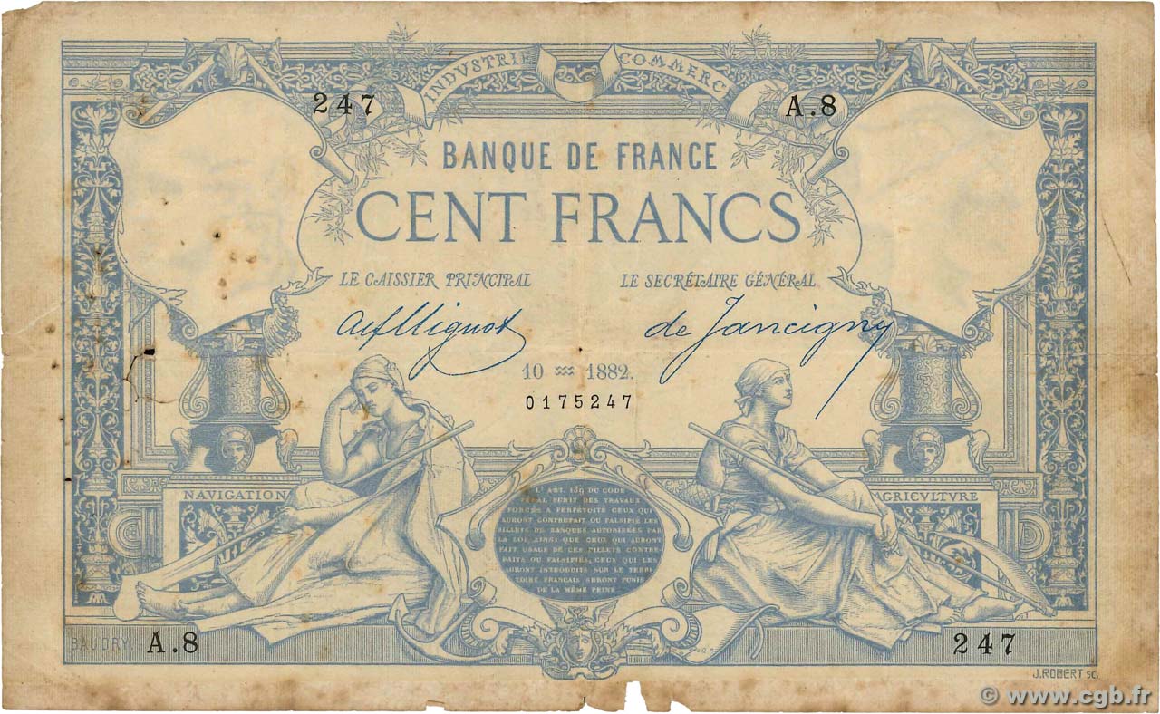 100 Francs type 1882 FRANCE  1882 F.A48.01 B+