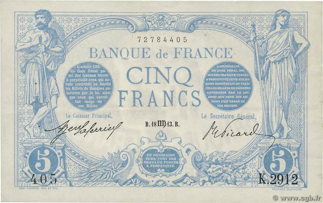 5 Francs BLEU FRANKREICH  1913 F.02.20 VZ