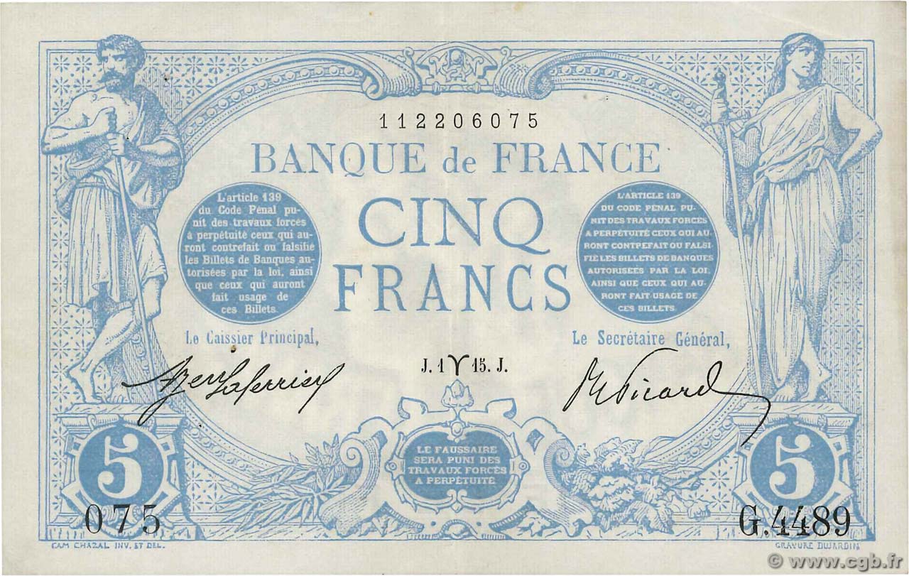 5 Francs BLEU FRANCIA  1915 F.02.25 MBC+
