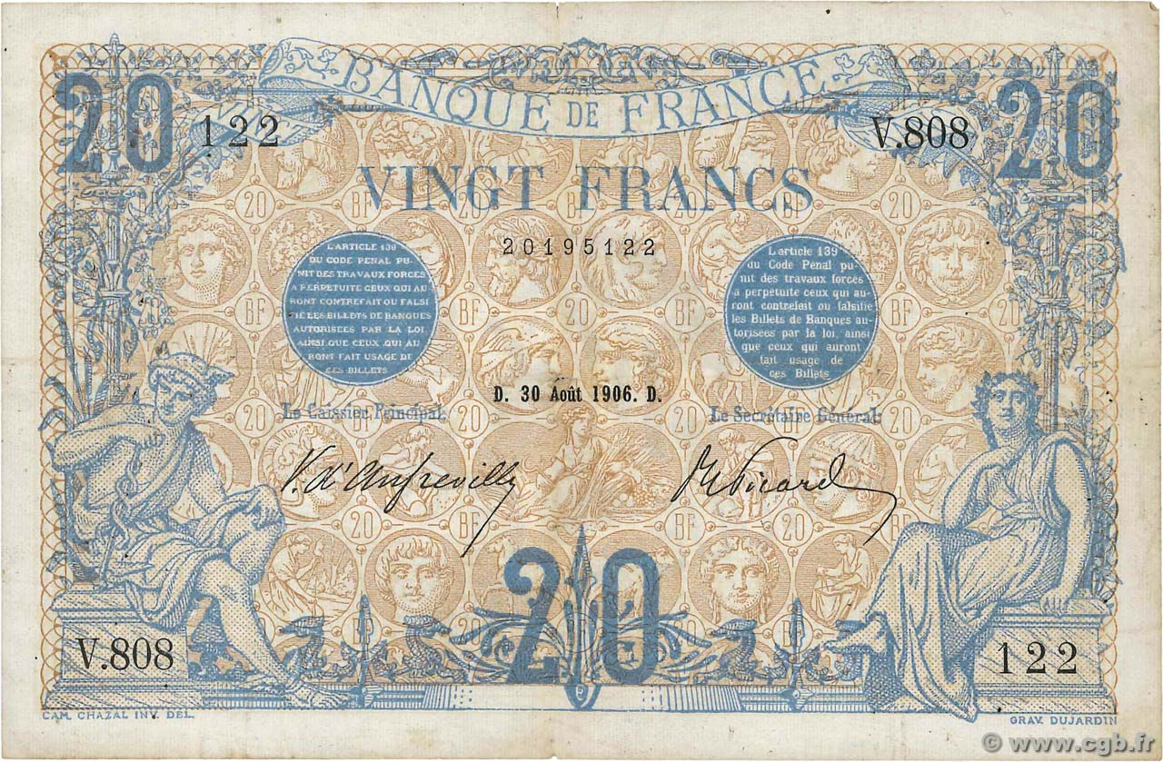 20 Francs BLEU FRANCE  1906 F.10.01 VF-