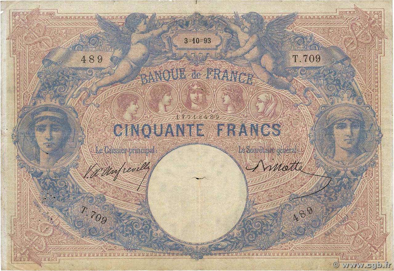 50 Francs BLEU ET ROSE FRANCE  1893 F.14.05 VG