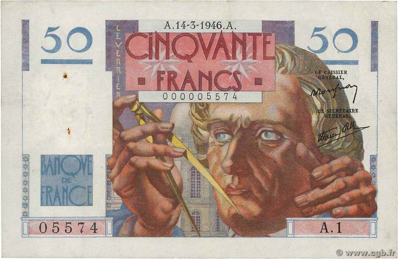 50 Francs LE VERRIER Petit numéro FRANCIA  1946 F.20.01A1 q.SPL