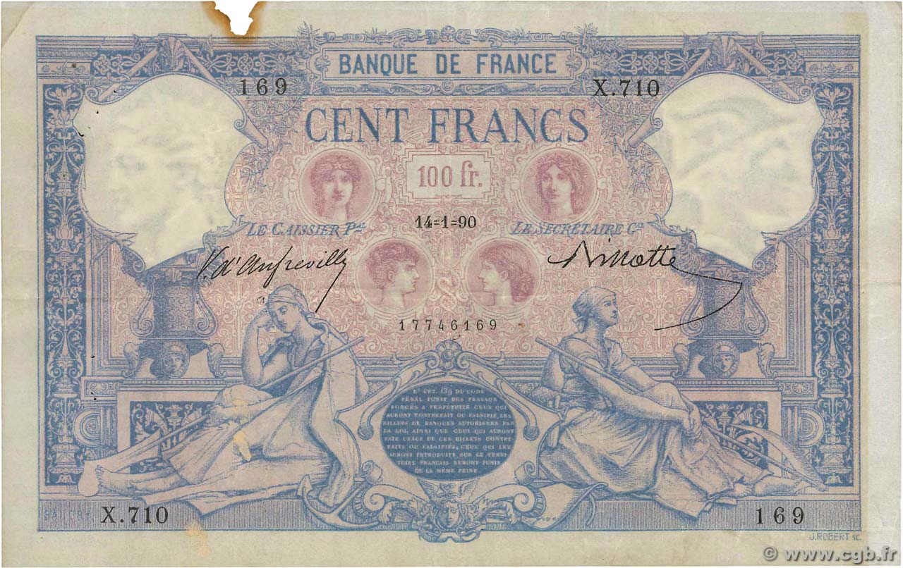 100 Francs BLEU ET ROSE FRANCE  1890 F.21.03 VF
