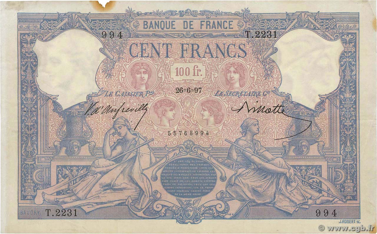 100 Francs BLEU ET ROSE FRANCIA  1897 F.21.10 MBC