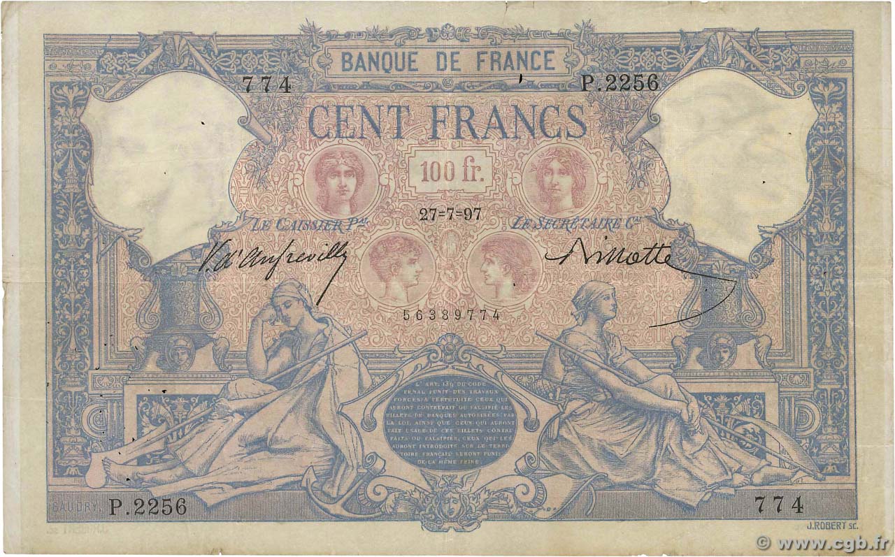 100 Francs BLEU ET ROSE FRANCE  1897 F.21.10 VF-