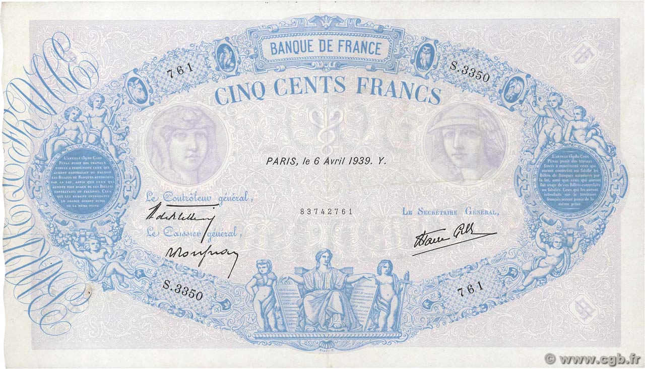 500 Francs BLEU ET ROSE modifié FRANKREICH  1939 F.31.30 fVZ