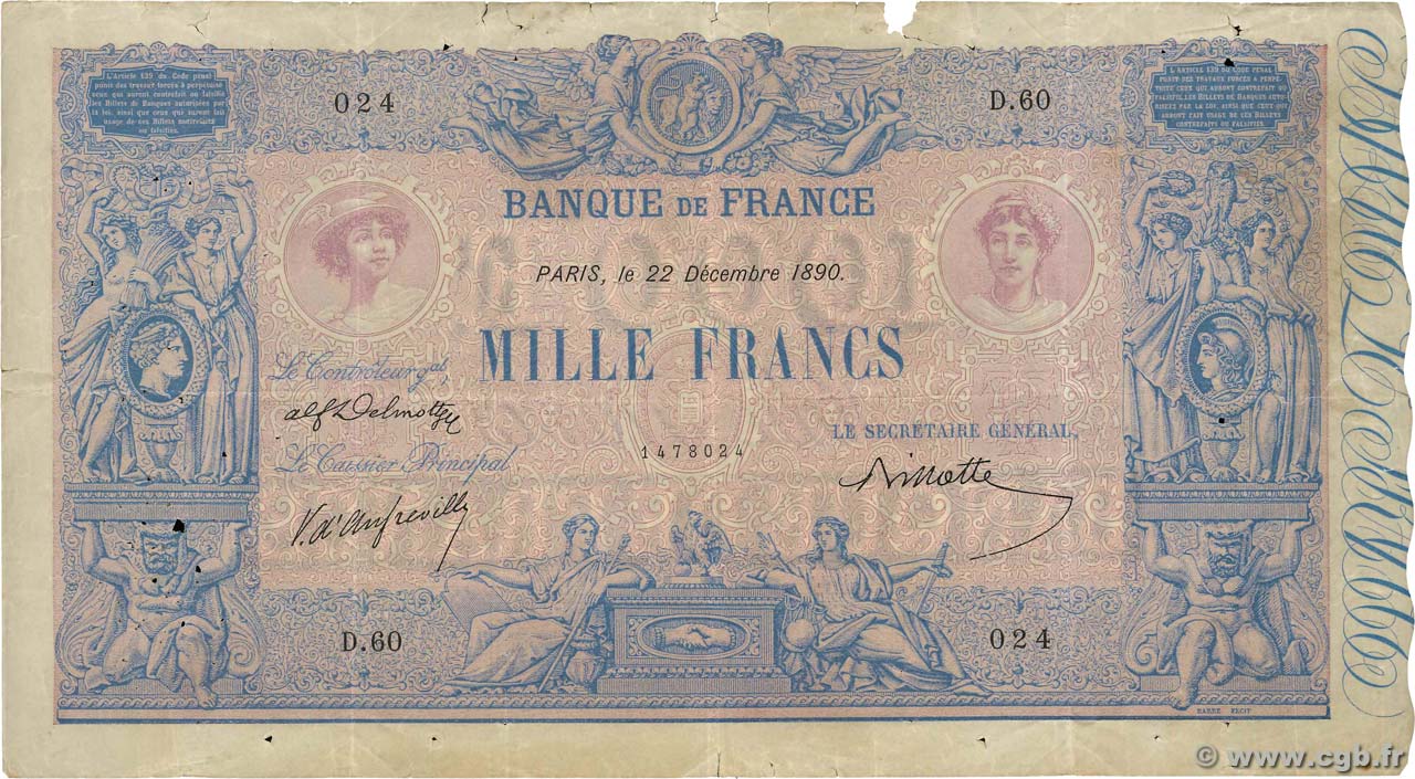 1000 Francs BLEU ET ROSE FRANKREICH  1890 F.36.02 fS