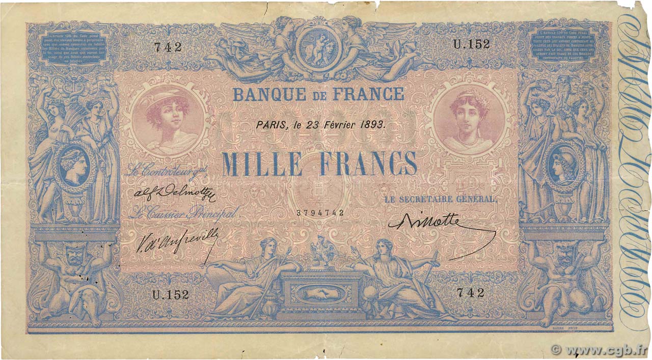 1000 Francs BLEU ET ROSE FRANCIA  1893 F.36.05 q.MB