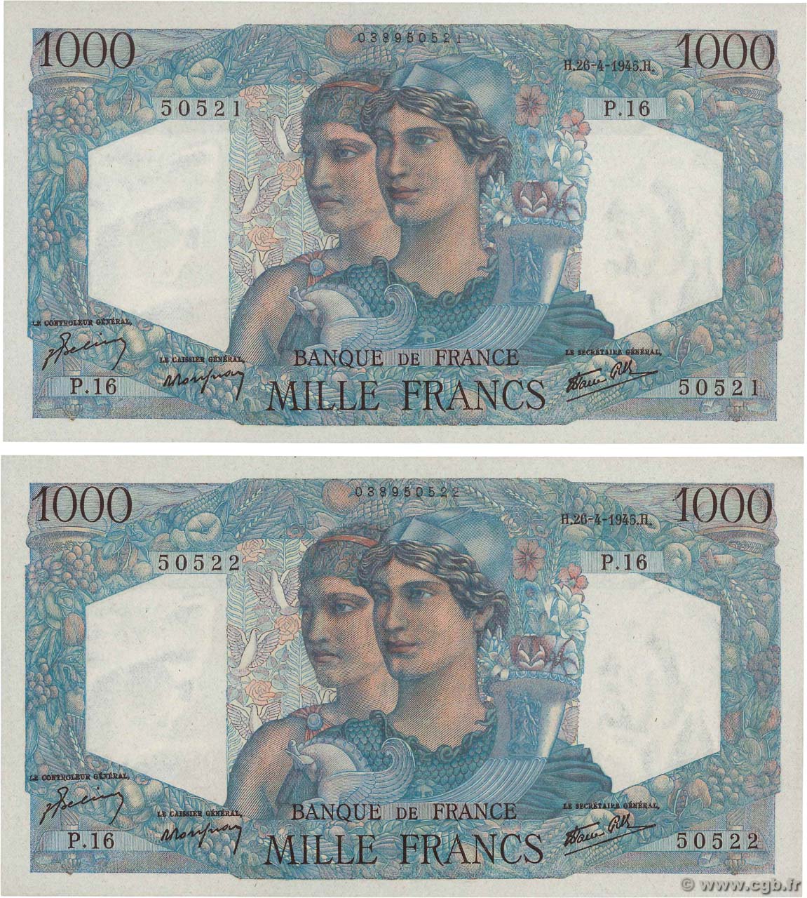 1000 Francs MINERVE ET HERCULE Consécutifs FRANCE  1945 F.41.02 AU