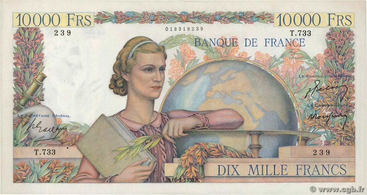 10000 Francs GÉNIE FRANÇAIS FRANCIA  1950 F.50.31 q.AU