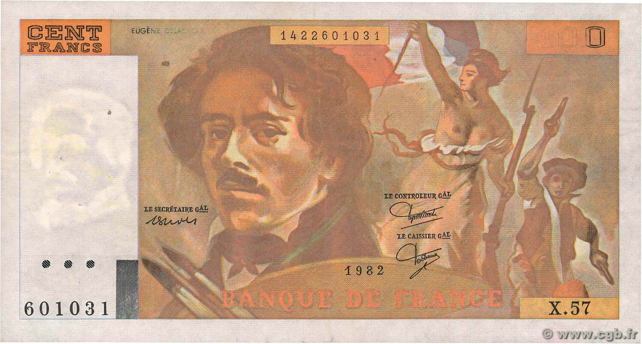 100 Francs DELACROIX modifié Fauté FRANCIA  1982 F.69.06 SPL