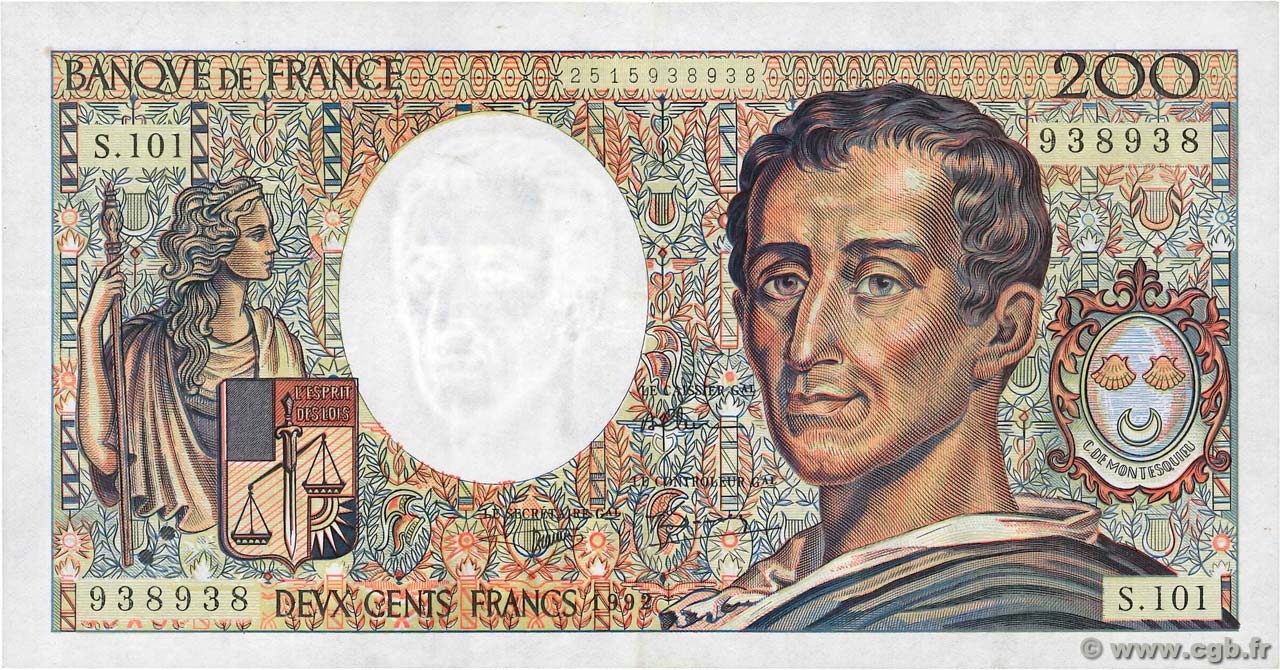 200 Francs MONTESQUIEU alphabet 101 Numéro spécial FRANCIA  1992 F.70bis.01 BB