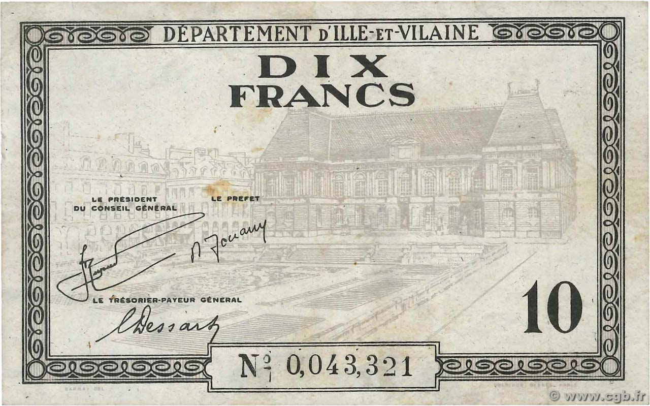 10 Francs FRANCE Regionalismus und verschiedenen Rennes 1940 BU.75.01 SS