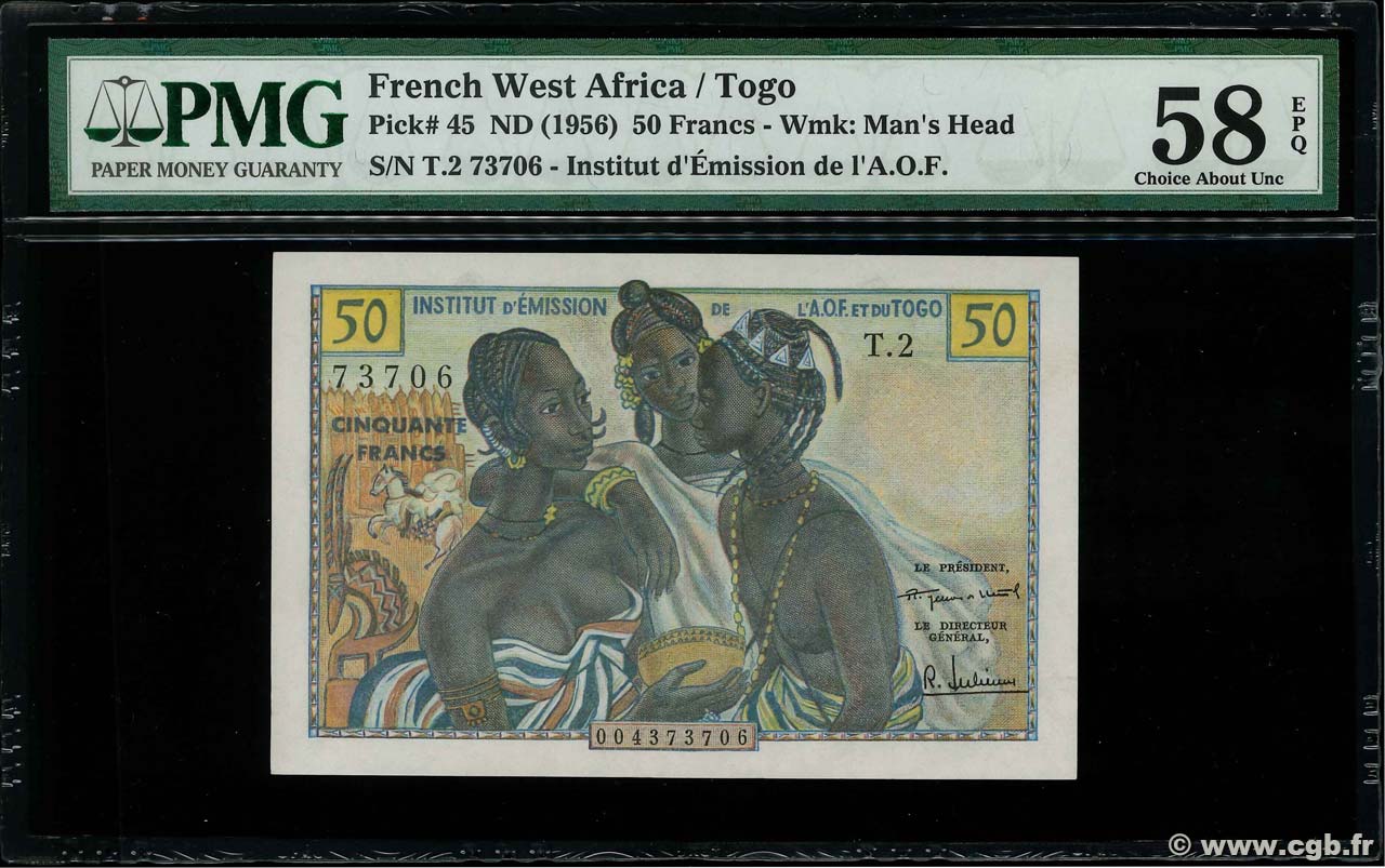 50 Francs FRENCH WEST AFRICA  1956 P.45 q.AU