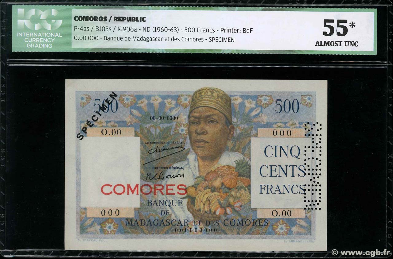 500 Francs Spécimen COMOROS  1960 P.04as XF+