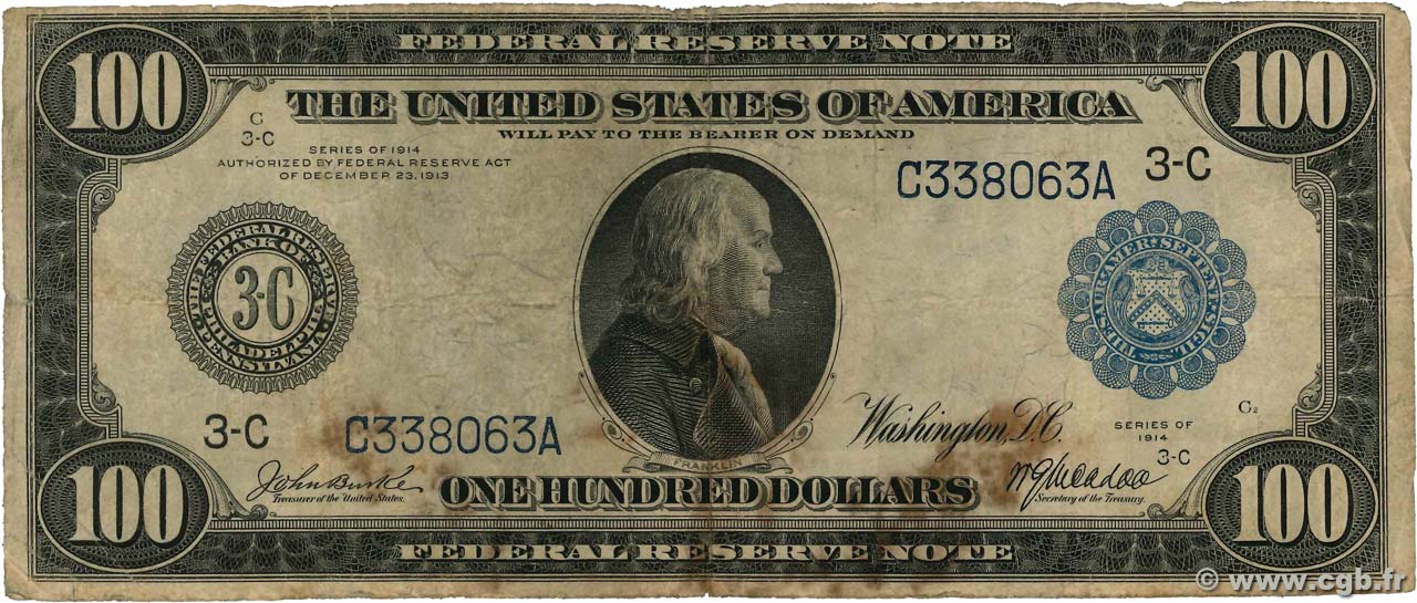 100 Dollars STATI UNITI D AMERICA Philadelphie 1914 P.363bC B