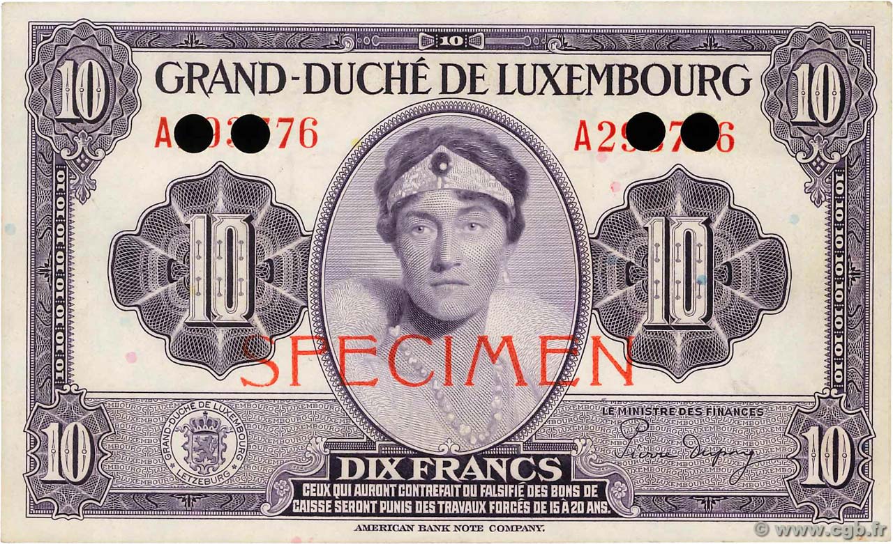 10 Francs Spécimen LUXEMBURGO  1944 P.44s SC+