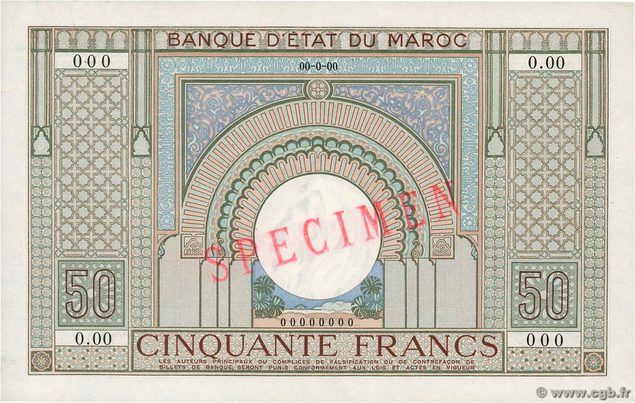 50 Francs Spécimen MAROCCO  1935 P.21s AU