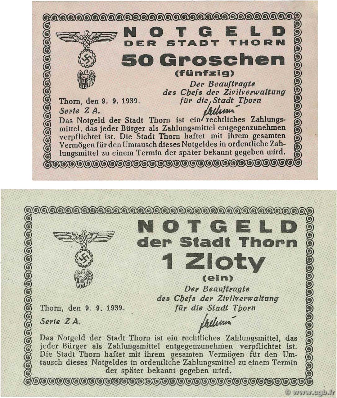 50 Groschen et 1 Zloty POLONIA Torun - Thorn 1939 P.- EBC+