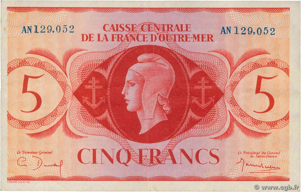 5 Francs REUNION ISLAND  1944 P.36var XF