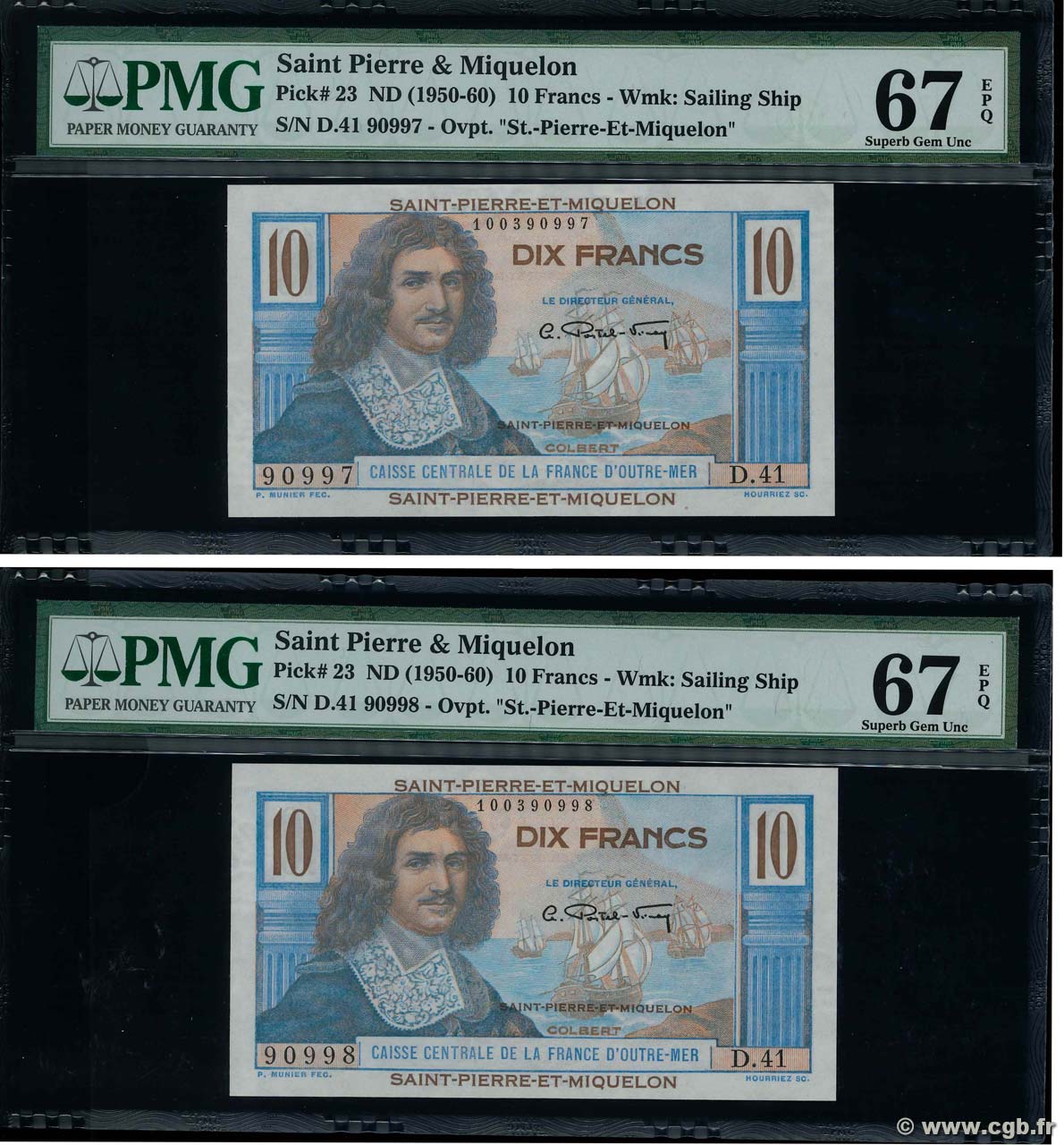 10 Francs Colbert Consécutifs SAN PEDRO Y MIGUELóN  1946 P.23 FDC