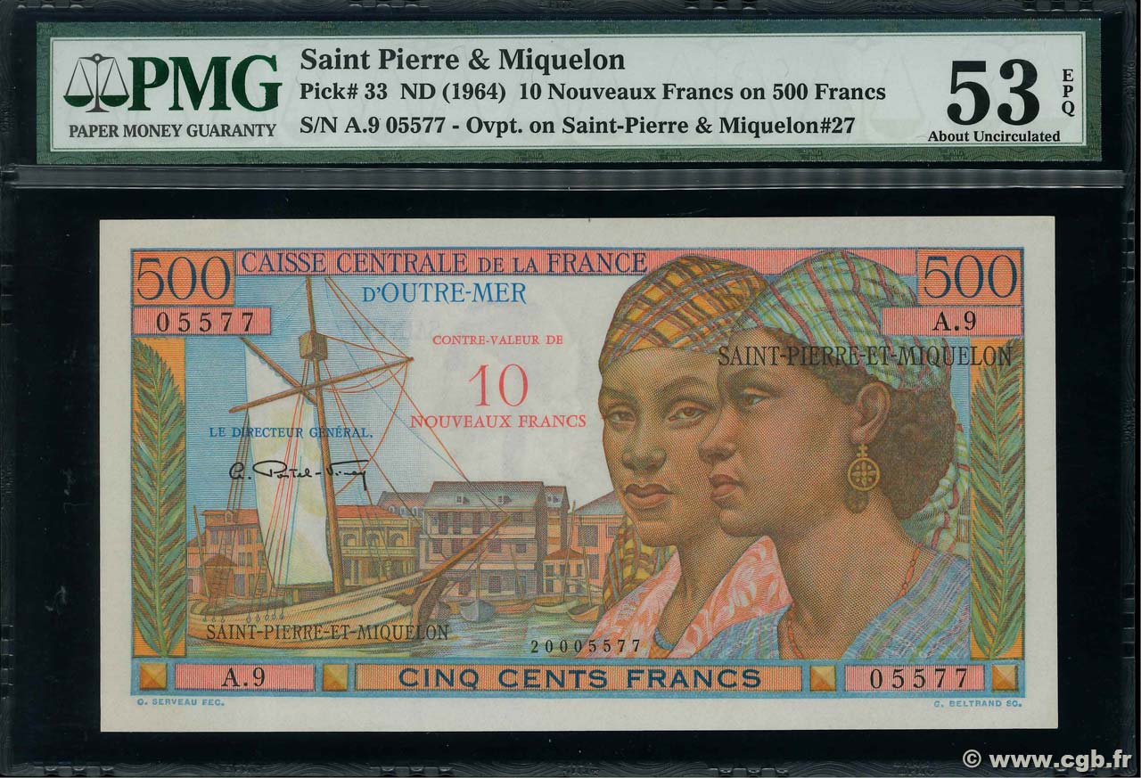 10 NF sur 500 Francs Pointe à Pitre SAINT-PIERRE UND MIQUELON  1964 P.33 VZ+