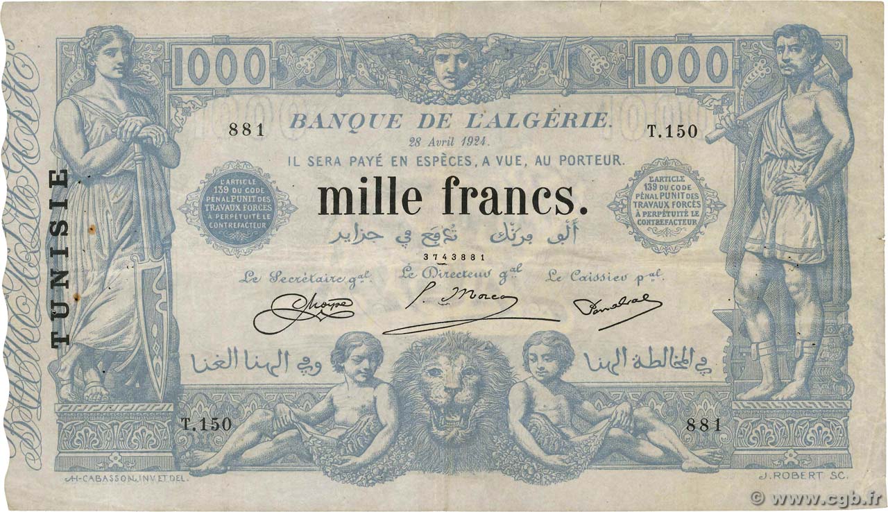 1000 Francs TUNISIE  1924 P.07b TTB