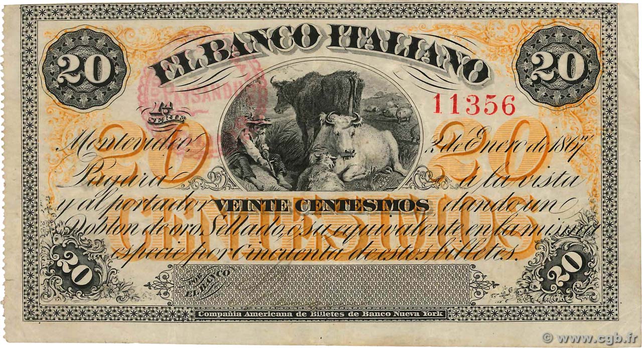 20 Centesimos URUGUAY  1867 PS.201a fVZ