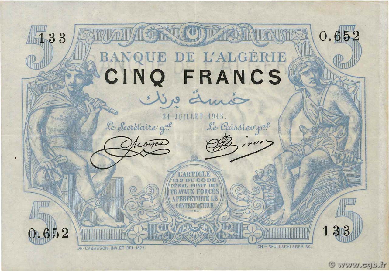 5 Francs ARGELIA  1915 P.071a EBC