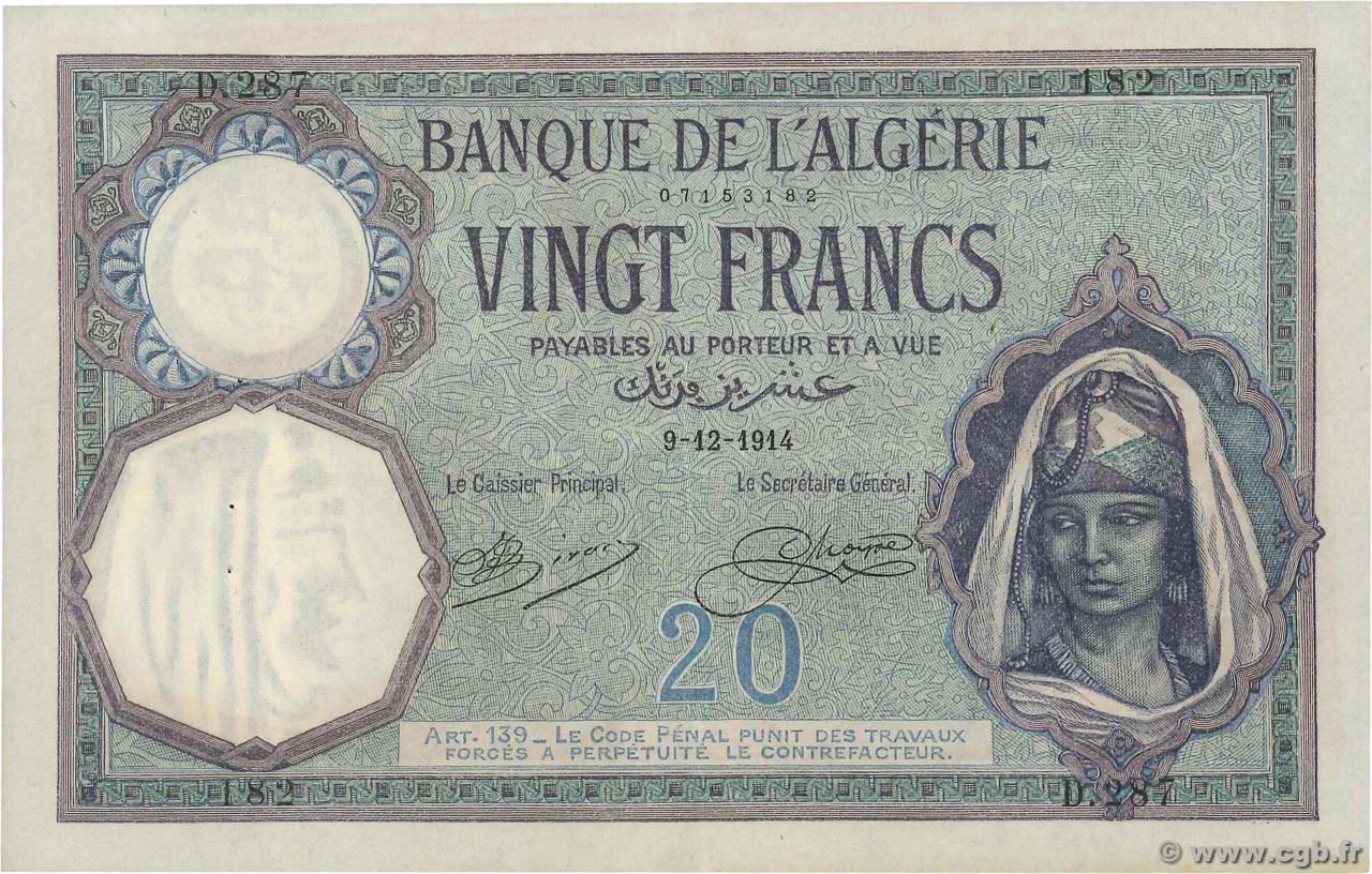 20 Francs ALGERIA  1914 P.078a XF